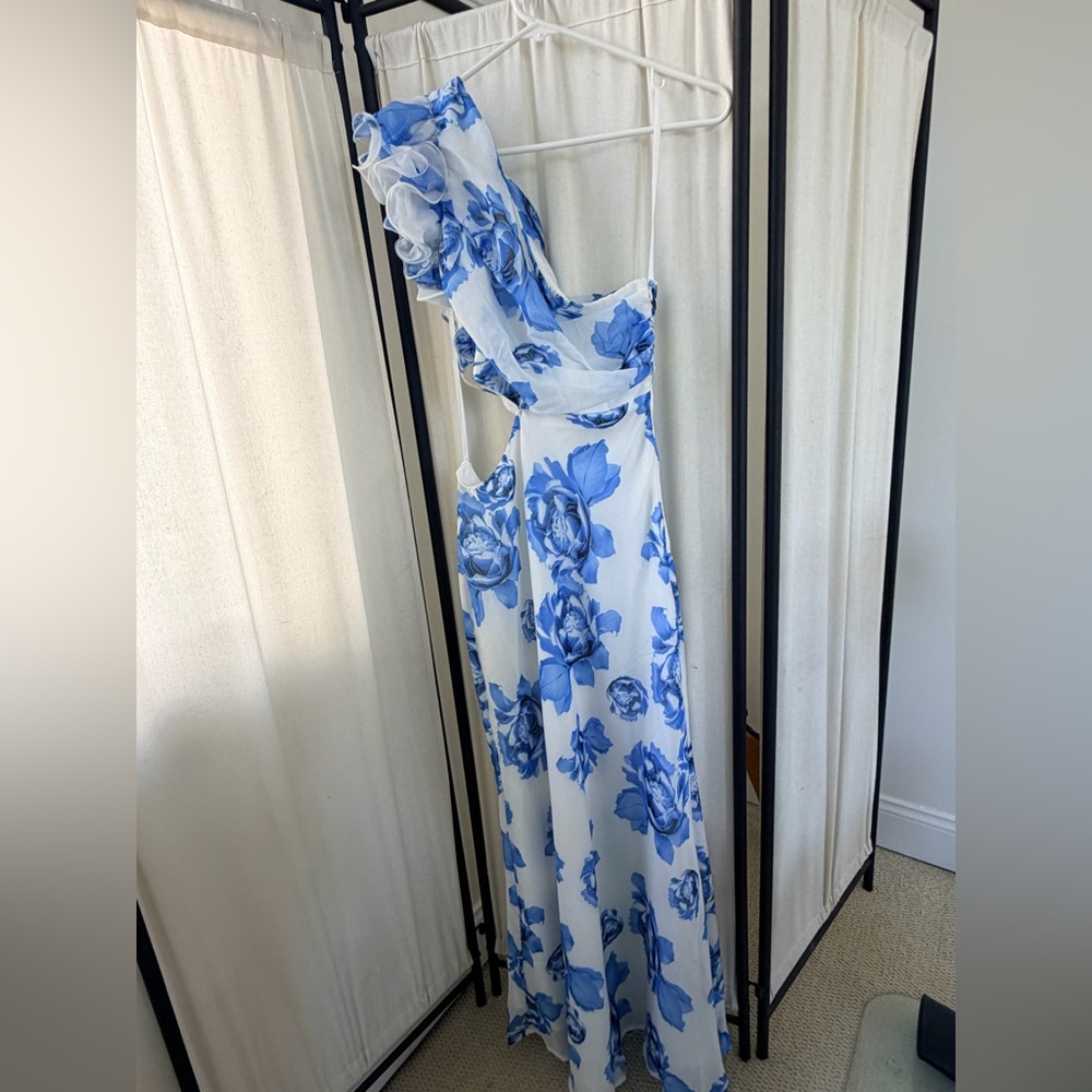 Blue Floral One-Shoulder Maxi Dress